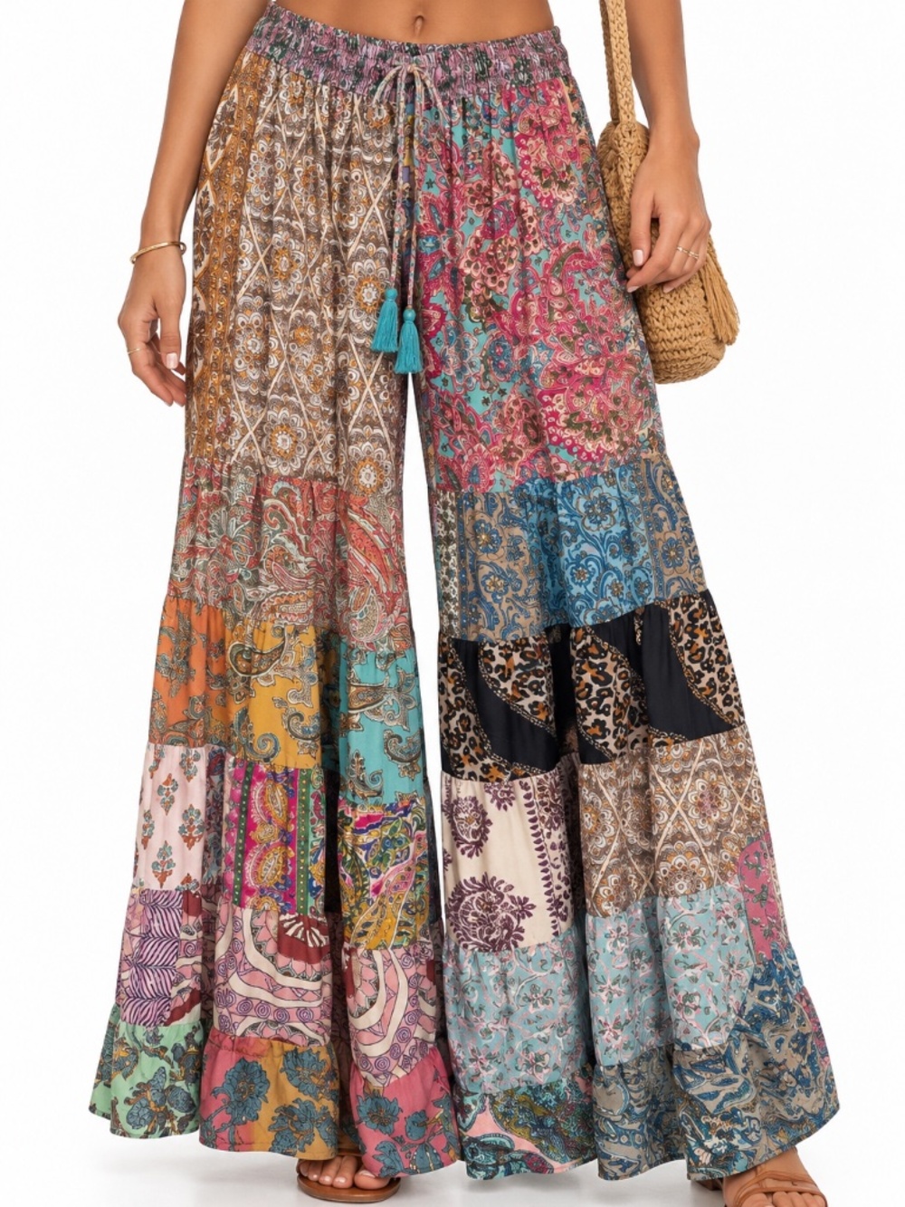 Earthbound Boho Patchwork Wide Leg Palazzo Paisley Hippie Pants Size L